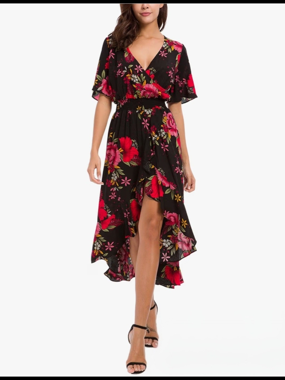 Kormei Womens Short Sleeve Floral Maxi Dress High Low V-Neck